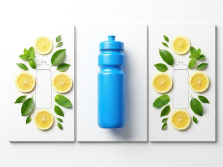 A blue water bottle is flanked by two decorative frames made of lemon slices and green leaves. The lemons are arranged in a circular pattern around the frames, creating a visually appealing and refreshing scene.の素材