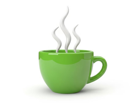 A vibrant green coffee cup with steam rising from it, indicating that the coffee is hot. The cup has a simple, elegant design with a handle on the right side.の素材