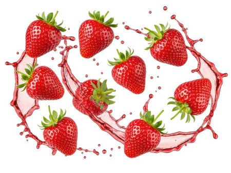 This image showcases a vibrant arrangement of fresh strawberries surrounded by a dynamic splash of juice. The bright red strawberries are highlighted against a clean white background, creating a visually appealing contrast. The juice appears to be splashing around the strawberries, adding a lively and energetic feel to the composition. The overall effect is both refreshing and appetizing, making it an excellent representation of the freshness and juiciness of strawberries.の素材