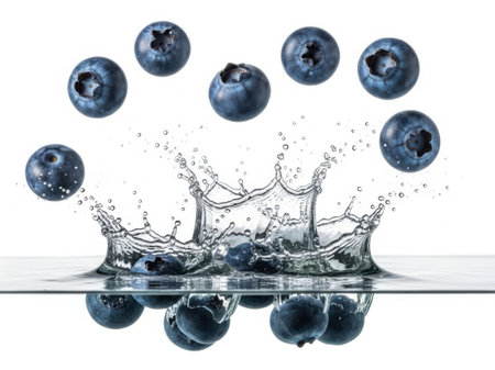 A dynamic image capturing a moment where several fresh blueberries are splashing into a body of water. The blueberries are frozen mid-air, creating a sense of motion and energy. The water droplets form an intricate pattern as they scatter, reflecting the light and adding a sense of freshness to the scene.の素材