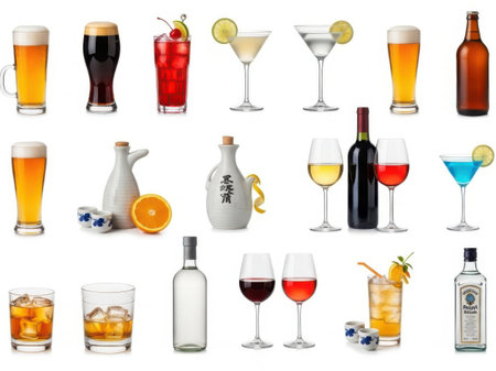 This image showcases a variety of alcoholic beverages and cocktails, including different types of beer, wine, and mixed drinks. The selection features beer in various glasses and bottles, wine in glasses and bottles, and cocktails such as martinis, gin and tonics, and other mixed drinks. The image highlights the diversity and richness of alcoholic beverages available for different occasions and preferences.の素材