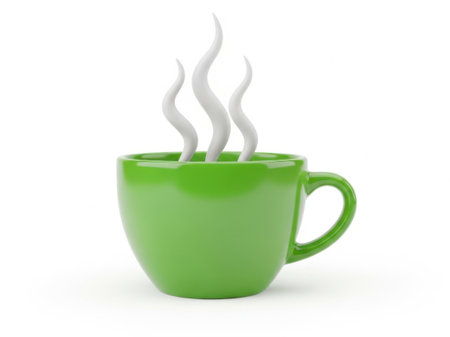 A vibrant green ceramic cup filled with hot tea, emitting three wispy streams of steam, set against a plain white background. The cup has a simple handle on its right side, suggesting it is ready to be picked up and enjoyed.の素材