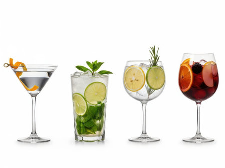 This image showcases four different cocktails, each presented in a distinct glass. From left to right, the cocktails include a martini garnished with an orange twist, a mojito with lime and mint, a gin and tonic with lemon and rosemary, and a sangria with orange slices and berries. The cocktails are arranged neatly, highlighting their unique ingredients and garnishes.の素材