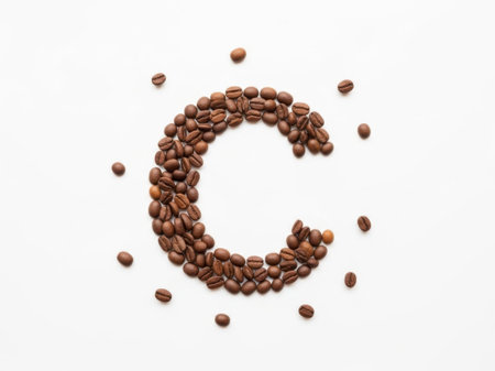 This image features a creative arrangement of coffee beans forming a circular shape. The beans are scattered artistically against a plain white background, creating a visually appealing composition. The image highlights the natural texture and color of the coffee beans, emphasizing their organic beauty.の素材