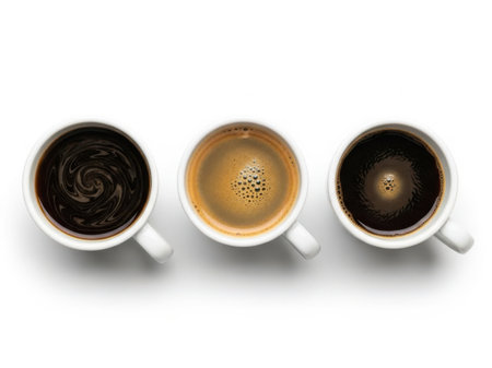This image showcases three different types of coffee presented in white mugs. From left to right, the mugs contain a latte with intricate latte art, a cappuccino with a layer of foam, and a black coffee with a thin layer of crema.の素材