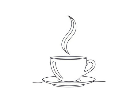 A simple line drawing depicts a cup of coffee with steam rising from it. The cup is placed on a saucer, and the steam is elegantly curled upwards, suggesting a freshly brewed beverage. The image is minimalistic, using a single continuous line to create the entire scene.の素材