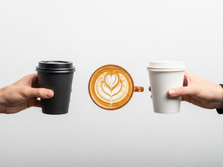Two hands holding different types of coffee cups, showcasing a variety of coffee beverages. One cup is a black coffee in a dark cup, another is a latte with latte art in a white cup, and the third is a plain white coffee in a white cup.の素材