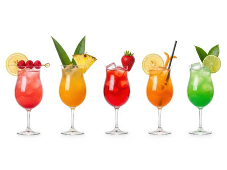A collection of five vibrant cocktails, each garnished with fresh fruits and served in tall glasses. The drinks showcase a variety of colors including red, orange, green, and yellow, making them visually appealing and refreshing. Each cocktail is uniquely decorated with fruits like strawberries, pineapple, limes, lemons, and cherries, adding to their aesthetic appeal.の素材
