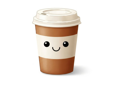 A delightful illustration of a coffee cup with a cheerful face, featuring two large black eyes and a smiling mouth. The cup is brown with a white lid and a white band around the middle, giving it a friendly and inviting appearance.の素材