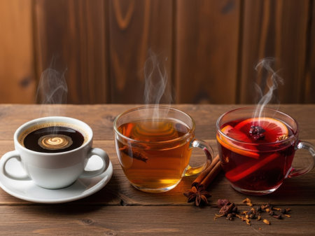 This image features three cups of steaming beverages placed on a rustic wooden table. From left to right, the first cup contains black coffee with a latte art design, the middle cup holds a light-colored tea with a cinnamon stick, and the rightmost cup contains a dark red tea with star anise. The scene is set against a wooden backdrop, creating a cozy and inviting atmosphere.の素材