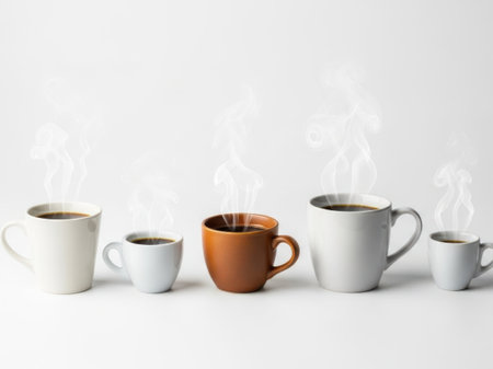 This image features five mugs of varying sizes and colors, each emitting steam. The mugs are arranged in a row on a light-colored surface against a plain background. The colors of the mugs include white, light gray, orange, dark gray, and light blue. The steam rising from each mug suggests that the beverages inside are hot.の素材
