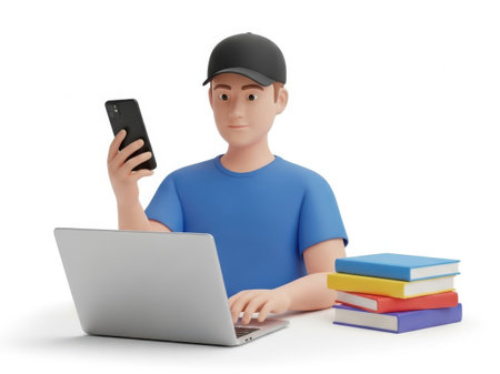 A young student wearing a blue t-shirt and a black cap is seated at a table. He is holding a smartphone in one hand and using a laptop with the other. Next to him is a stack of colorful books, indicating a study environment. The student appears focused and engaged with his digital devices.の素材