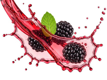 This image features a dynamic splash of red juice with three blackberries and a mint leaf floating in it. The juice appears to be in motion, creating an artistic and vibrant scene. The blackberries are dark and glossy, while the mint leaf adds a refreshing touch of green. The overall composition is visually appealing and highlights the freshness of the fruits.の素材