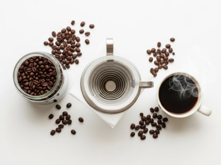This image features a coffee brewing setup with a jar of coffee beans, a pour-over coffee maker, and a cup of freshly brewed coffee with steam rising from it. The coffee beans are scattered around the setup, adding to the rustic and cozy atmosphere. The pour-over coffee maker is placed on a white stand, emphasizing the simplicity and elegance of the brewing process.の素材