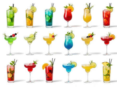 A collection of vibrant and refreshing cocktails presented in an array of colors and garnishes. Each drink is uniquely styled with different fruits and herbs, making them visually appealing and inviting.の素材