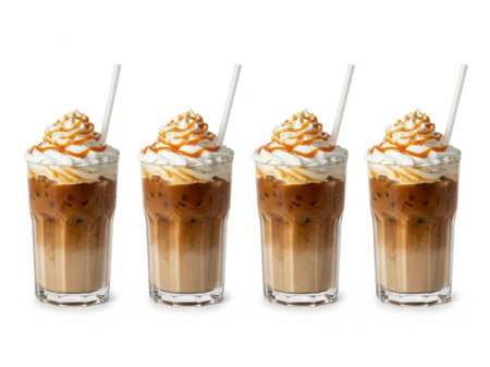 A set of four tall glasses filled with iced caramel lattes, topped with whipped cream and drizzled with caramel sauce. Each glass has a white straw inserted into it, and the drinks are set against a white background.の素材