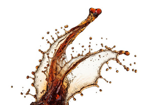 This image captures a dynamic splash of a dark liquid, possibly coffee or a similar beverage, against a stark white background. The liquid is frozen in mid-air, creating an artistic pattern with intricate swirls and droplets. The contrast between the dark liquid and the white backdrop highlights the movement and texture of the splash.の素材