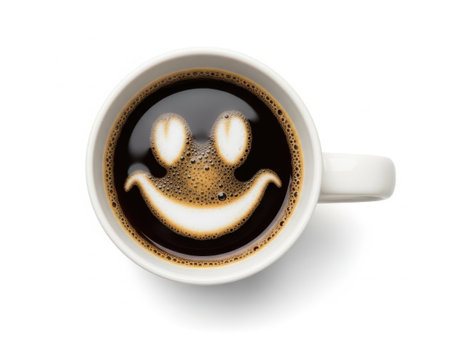 A white ceramic cup filled with black coffee features a cheerful smiley face created with latte art. The coffee is topped with a layer of foam, carefully shaped to resemble a smiling face with two dots for eyes and a curved line for a smile. The cup is placed on a plain white surface, highlighting the intricate latte art.の素材