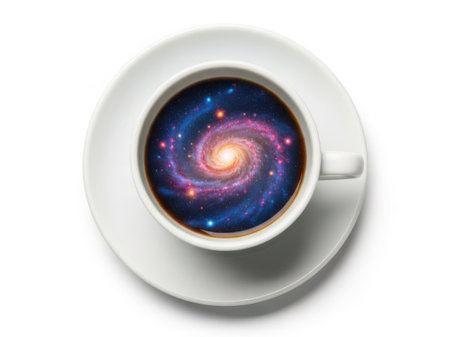 A white coffee cup with a handle, filled with a swirling galaxy pattern in the coffee. The galaxy features vibrant colors of purple, blue, and pink, with a bright core and stars scattered throughout.の素材