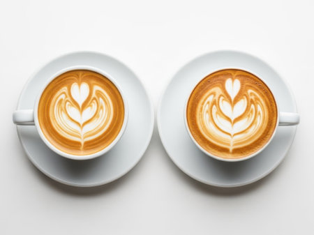 This image features two white cups filled with latte, each topped with intricate latte art. The cups are placed on matching white plates, creating a clean and minimalist aesthetic. The latte art on each cup depicts a heart shape, symbolizing love and warmth. The background is plain white, which enhances the focus on the cups and their detailed designs.の素材