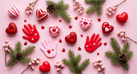 Handprint hearts still life composition festive fir sprigs cone rose surfaceの素材