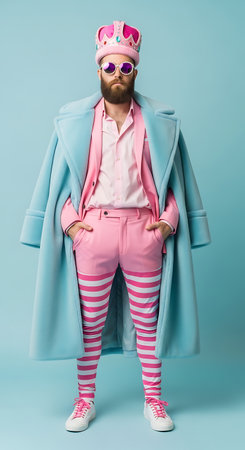 Bearded man pink suit crown striking blue coat. Unique outfit studio.の素材