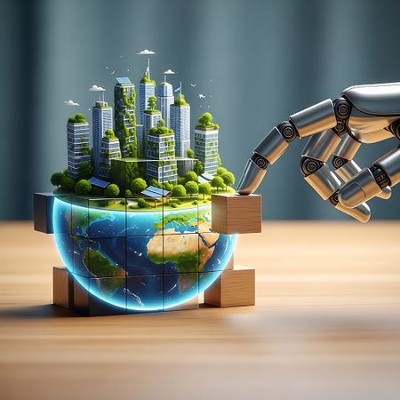 Green city AI sustainable future Robotic arm building globe puzzle.の素材