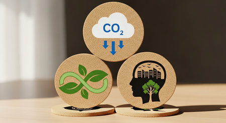 Cork sustainability circles with eco protection and climate preservation.の素材