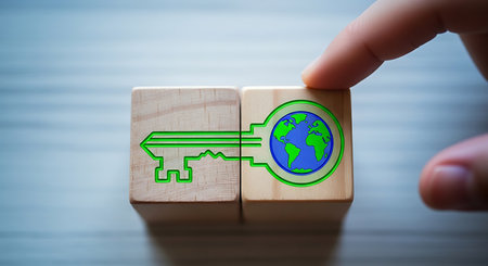 Global sustainability concept earth key solving issues strategy.の素材