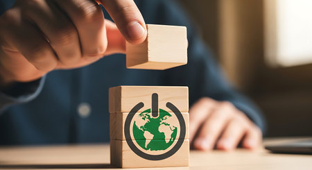 Sustainable world power hand placing block planet green initiative.の素材