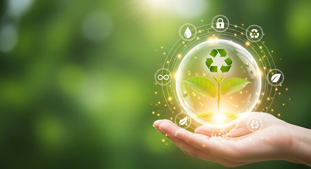 Sustainability symbol growth sustainable planet in transparent globe.の素材