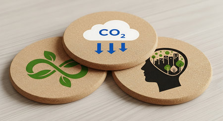 Mindset coasters showing CO2 reduction, ecological footprint, living.の素材