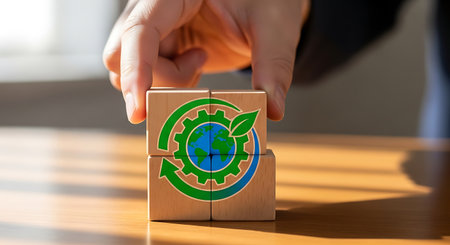 Sustainable practices Wooden blocks Gear leaf World globe Recycle arrowsの素材