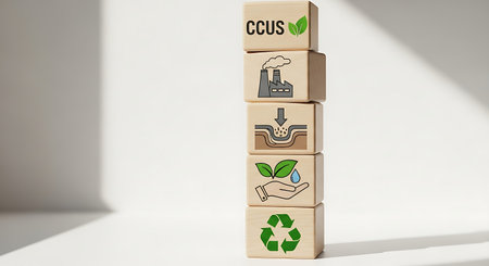 CCUS carbon capture utilization. Stacked wooden blocks. Display CCUS process.の素材