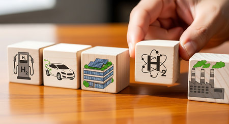 Hydrogen economy blocks, renewable energy, sustainability, future.の素材