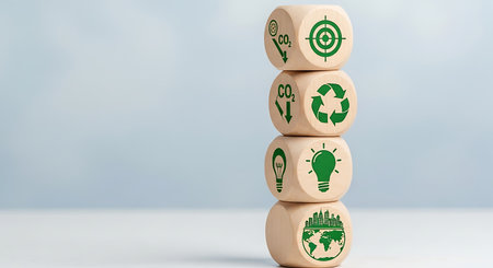 Wooden blocks representing sustainable goals and CO2 reductionの素材