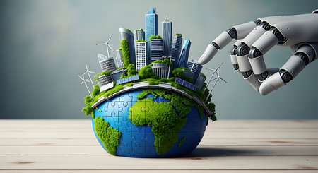 AI sustainable green city earth globe turbines solar eco planningの素材