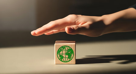 Protect global resources Wooden block depict earth Responsible resource management.の素材