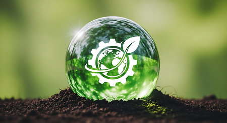 Green technology future Earth gear leaf symbol Emphasizing eco-friendly future.の素材