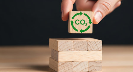 Carbon economy wooden blocks stacking sustainability responsibility climateの素材