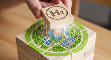 Hydrogen energy sustainable cityscape building block eco future.の素材