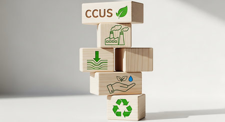 CCUS concept wooden blocks tower showing environmental protection storage.の素材