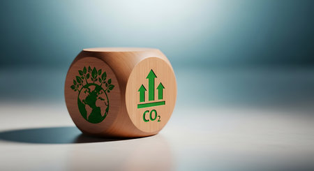 Wooden dice show the reducing carbon footprint of sustainability.の素材
