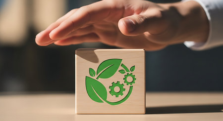 Wooden block shows eco-friendly production hand covers it wellの素材