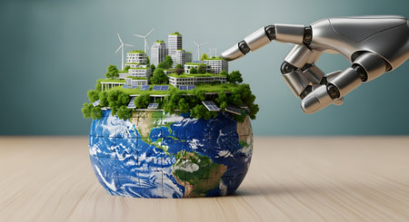 Sustainable city AI powered robot helps the Earth globe puzzle.の素材