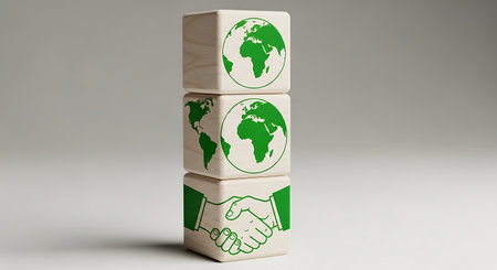 Wooden blocks display global sustainability and partnership of Earth.の素材