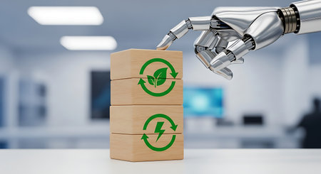 Green energy blocks assembled by robot. AI driving sustainability.の素材