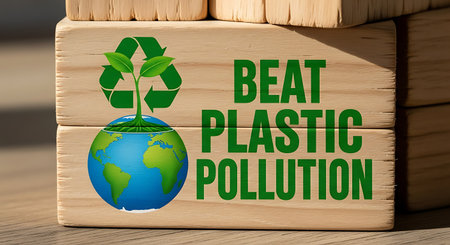 Wooden block to beat plastic pollution and awarenessの素材