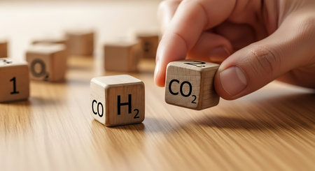 CO2 hydrogen molecule cubes hand sustainable energy transition.の素材