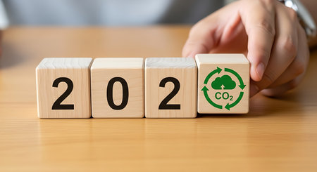 Carbon neutral 2024 and sustainable future. Wooden blocks with CO2 recycle.の素材